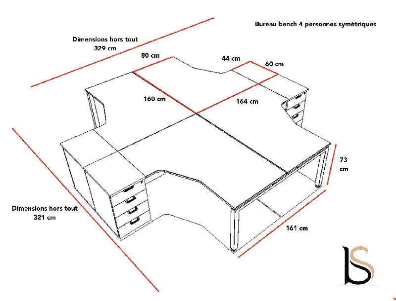 Bureau bench 4 personnes Quadra - Mobel  Linea. - Alu, Acacia clair, 3 tiroirs_2