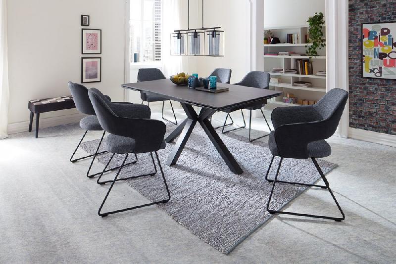 Lot de 2 chaises design NABAS - tissu anthracite bimatière - pieds traîneau en acier laqué anthracite_2