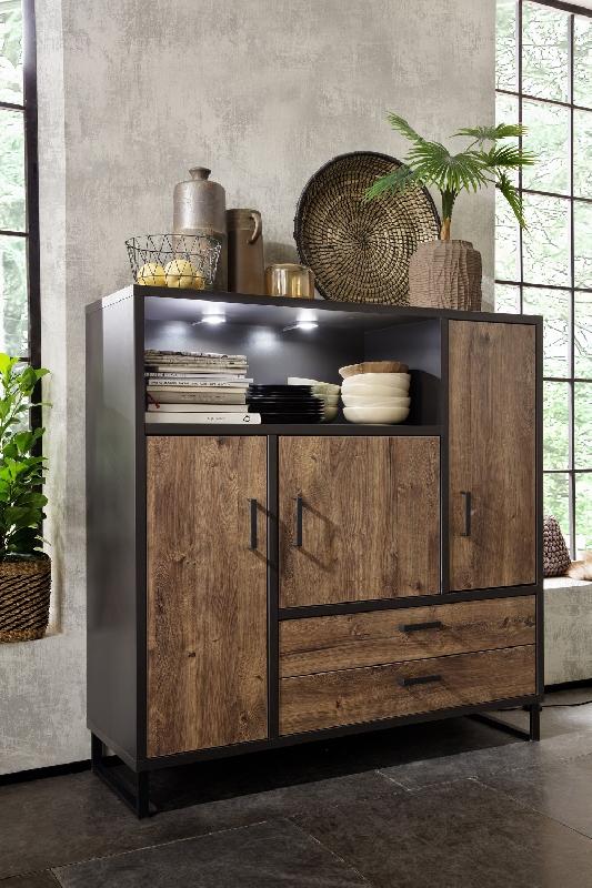 Buffet haut HALTON - 2 tiroirs, 3 portes, 1 niche avec LED - décor chêne gris cosmos_2