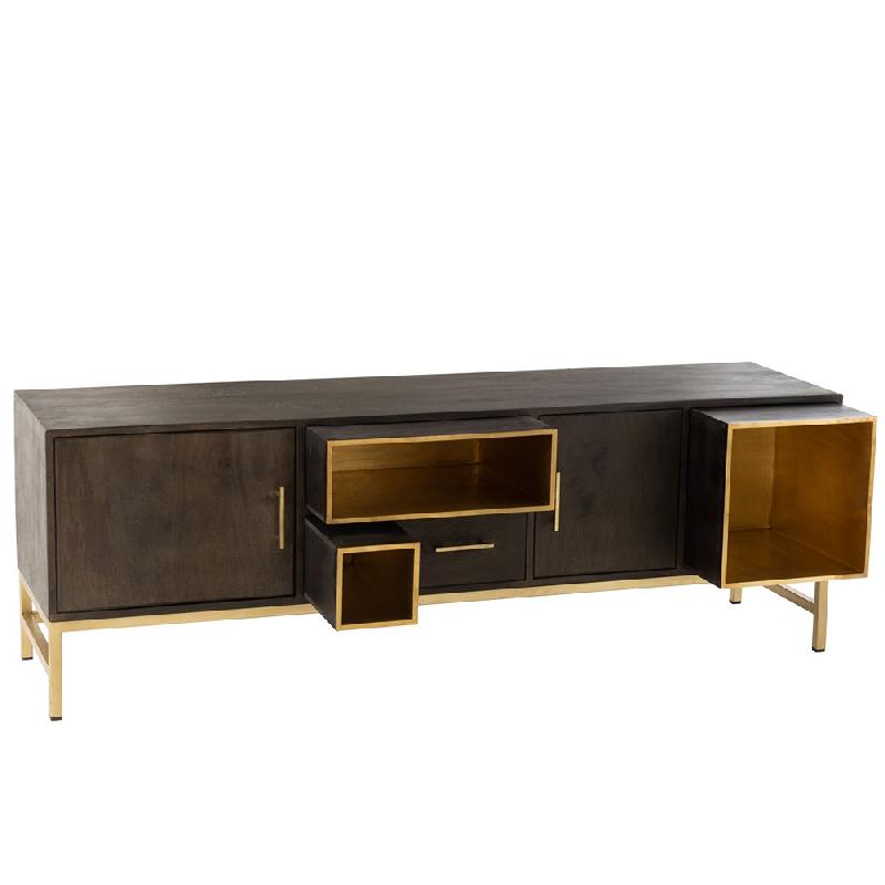 Buffet bas design DASY - 2 portes, 3 niches rétractables en manguier massif et métal doré - 180 cm_2