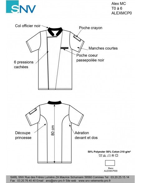 Alexmcp000 - Veste de cuisine SNV - manches courtes, col noir, 50% coton 50% polyester_2