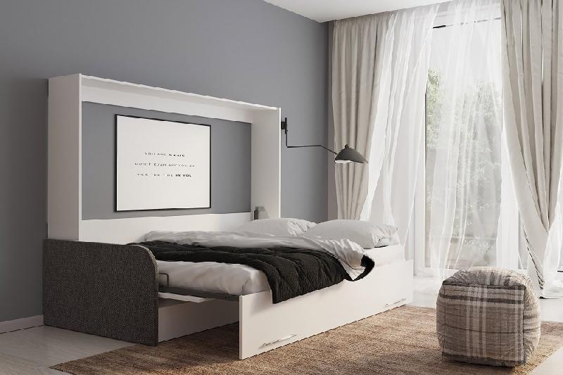 Armoire-lit escamotable VERTIGO SOFA Blanc avec accoudoirs tissu gris - canapé 140x200 cm_2