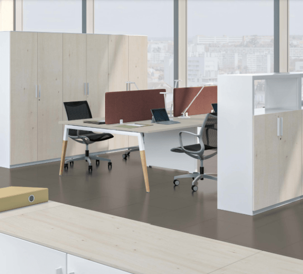 Bureau open space scandinave mi-bois mi-acier - pieds inclinés en bois - Gamme Aska Columbia - esthétique et ergonomique_2