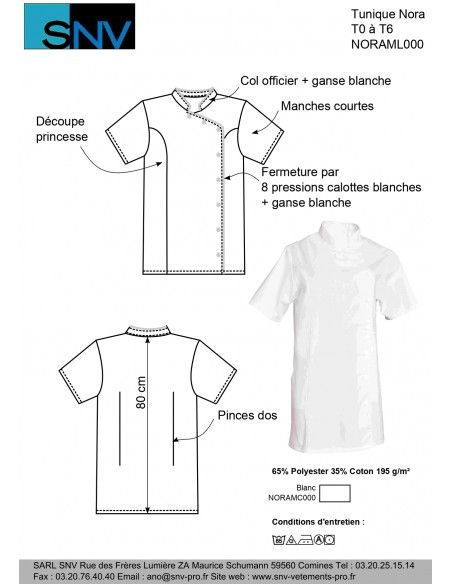 Noramc000 - Veste de cuisine SNV - Manches courtes - Poly/coton - Fermeture pression calotte blanche_2