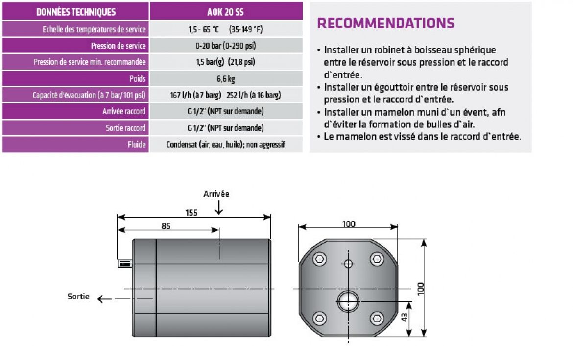 Aok 20SS - Purgeur à flotteur en inox - Omega Air d.o.o. Ljubljana - Capacité 167 l/h_2
