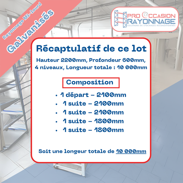 Rayonnage mi lourd - Hauteur 2200mm, Longueur 10 000mm, Profondeur 600mm - Mitop galvanisé_2
