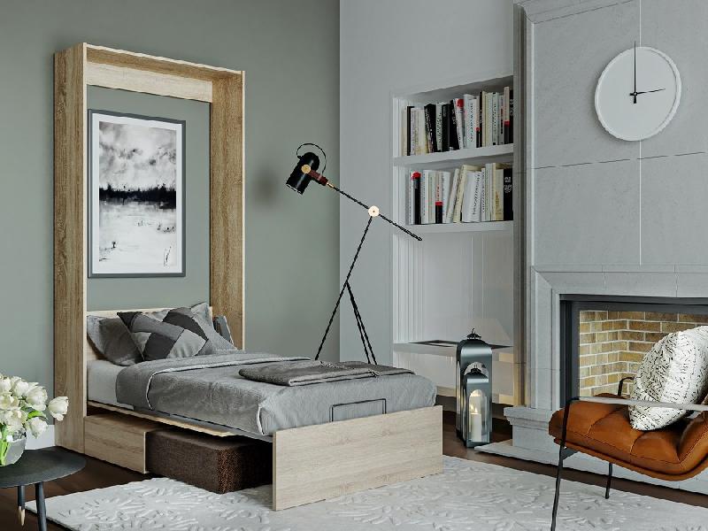 Armoire lit escamotable Dynamo Sofa - canapé intégré - chêne naturel - tissu marron - couchage 90x200 cm_2