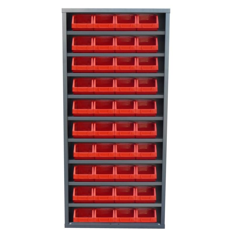 Armoire à bacs avec portes verrouillables - 40 bacs polypropylène, structure acier - Sans portes / Rouge / 84 x 1L_2