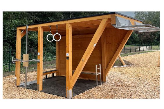 Structure de fitness simple M KUBE FITNESS - jusqu'à 9 utilisateurs - design en bois avec toiture étanche - 7 agrès fixes inclus_2