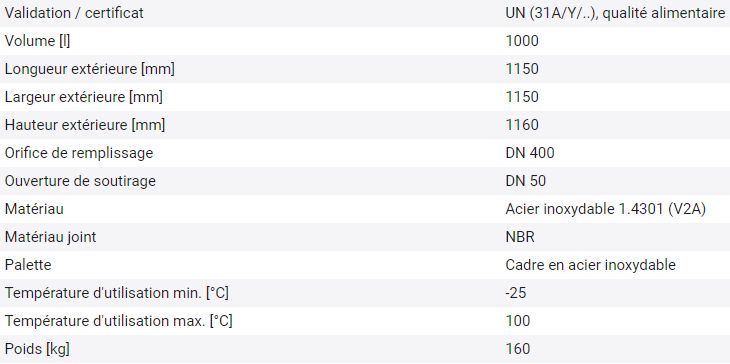 260140w - Cuve IBC en inox qualité alimentaire - Résistance au feu 30 min - Certifiée UN 31A/Y_2