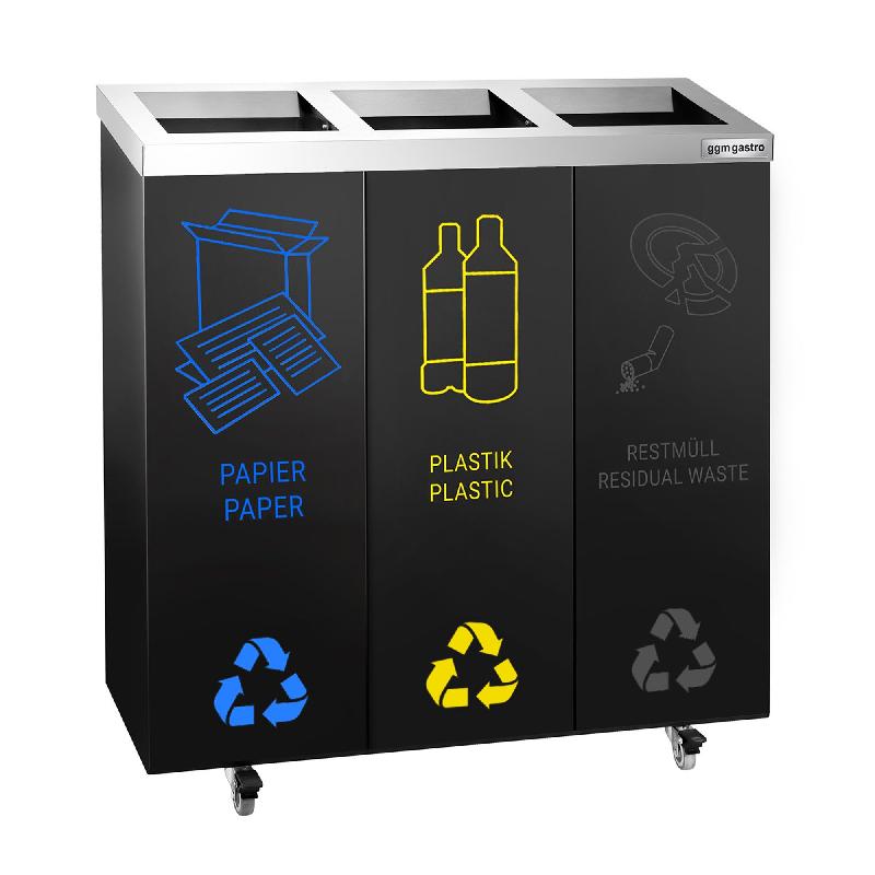 Poubelle de tri sélectif carénée 75 L - 3 bacs 25 L - Acier noir - Roulettes - Autocollants inclus_2