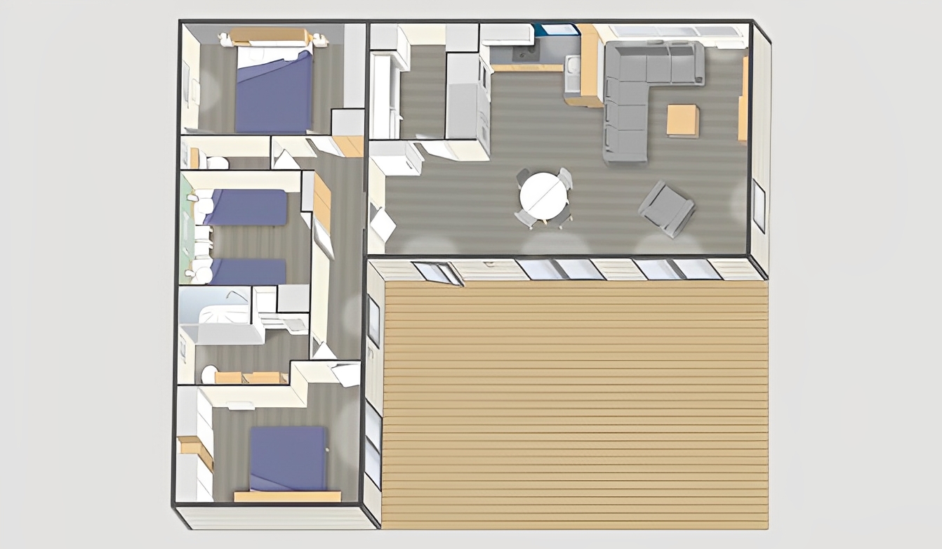 Mobil home duo l80 / 3 chambres et 1 salle de bains / 80 m² / 6 à 8 personnes / 10 x 12 m_2