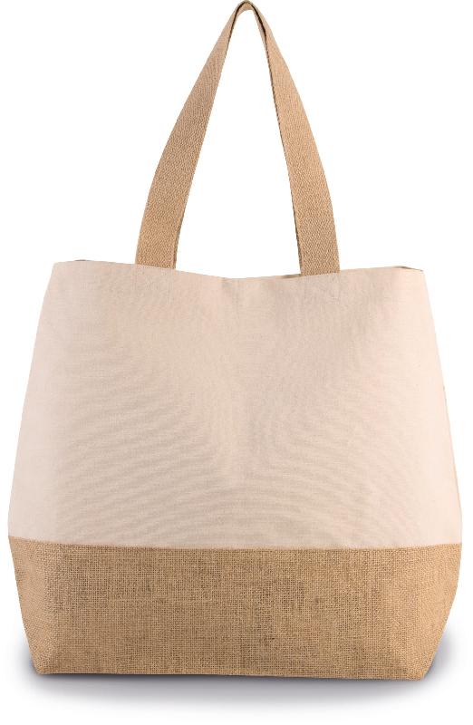 Sac shopping en toiles de coton et jute - Grand fourre-tout avec fond laminé - Poche intérieure zippée - Réf: KI0235_2