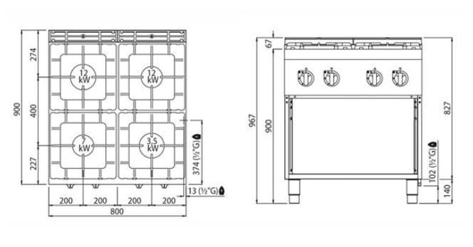Fourneau à gaz 4 feux professionnel - version 900_2