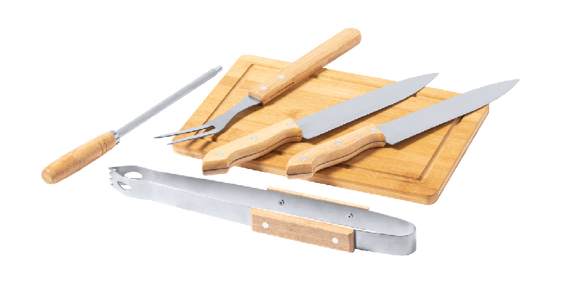 Set barbecue - Bois et acier inoxydable avec couteaux, pince, fourchette et planche à découper_2