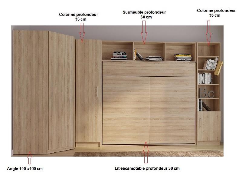 Composition angle lit escamotable Vertigo chêne naturel 411x100 cm avec couchage 160x200 cm et rangements intégrés_2