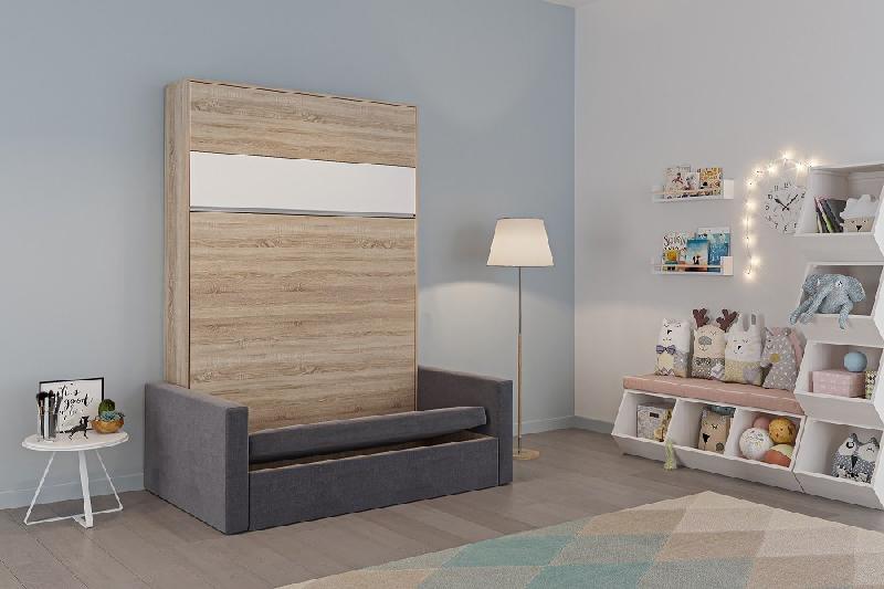 Armoire lit escamotable DJUKE SOFA - Chêne avec bandeau blanc mat - Canapé gris - Couchage 140x200 cm_2