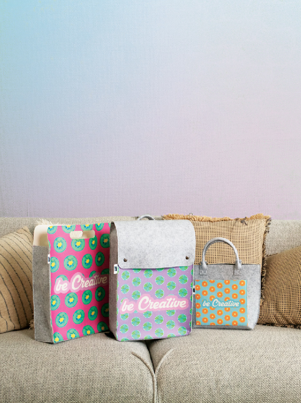 Sac à provisions en feutre RPET personnalisable - Impression quadri sur le devant et le dos - Avec poignées découpées, soufflet et étiquette RPET_2