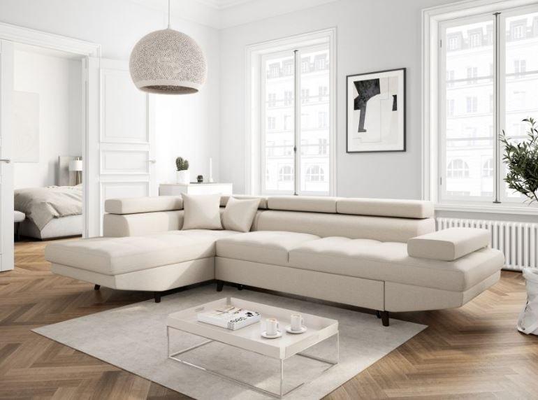 Canapé d'angle méridienne gauche RINO convertible beige avec coffre de rangement - pieds laqués noirs - 3 têtières réglables et 2 coussins déco_2