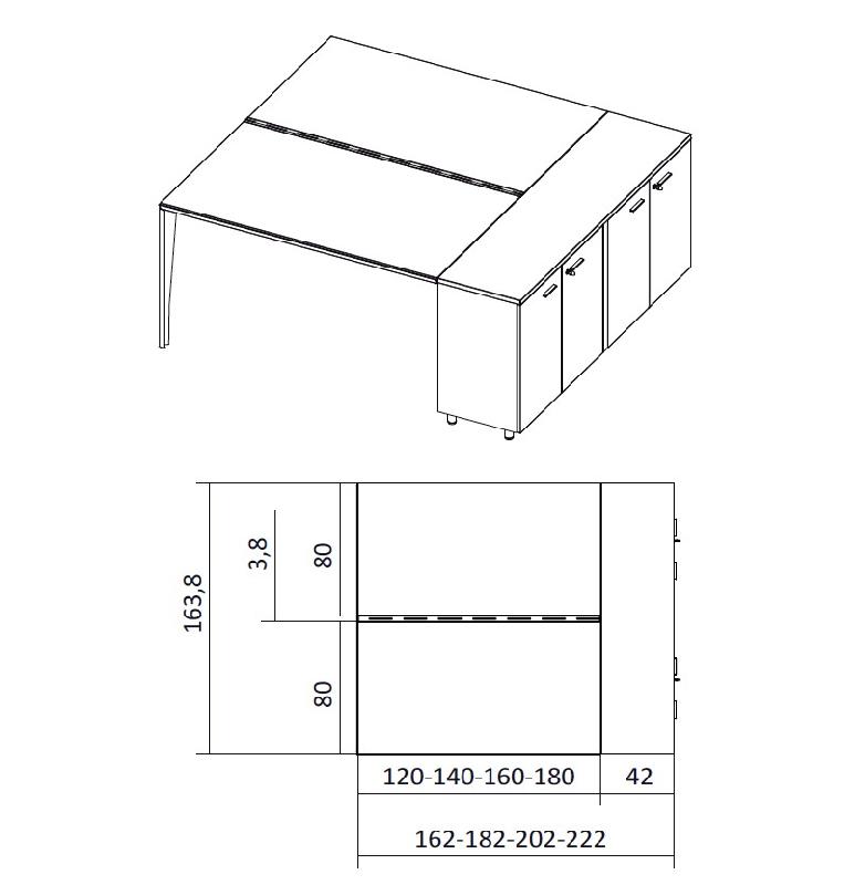 Bureau bench 2 personnes sur armoires X5 - Officity. - 162, Anthracite, Noyer canaletto_2