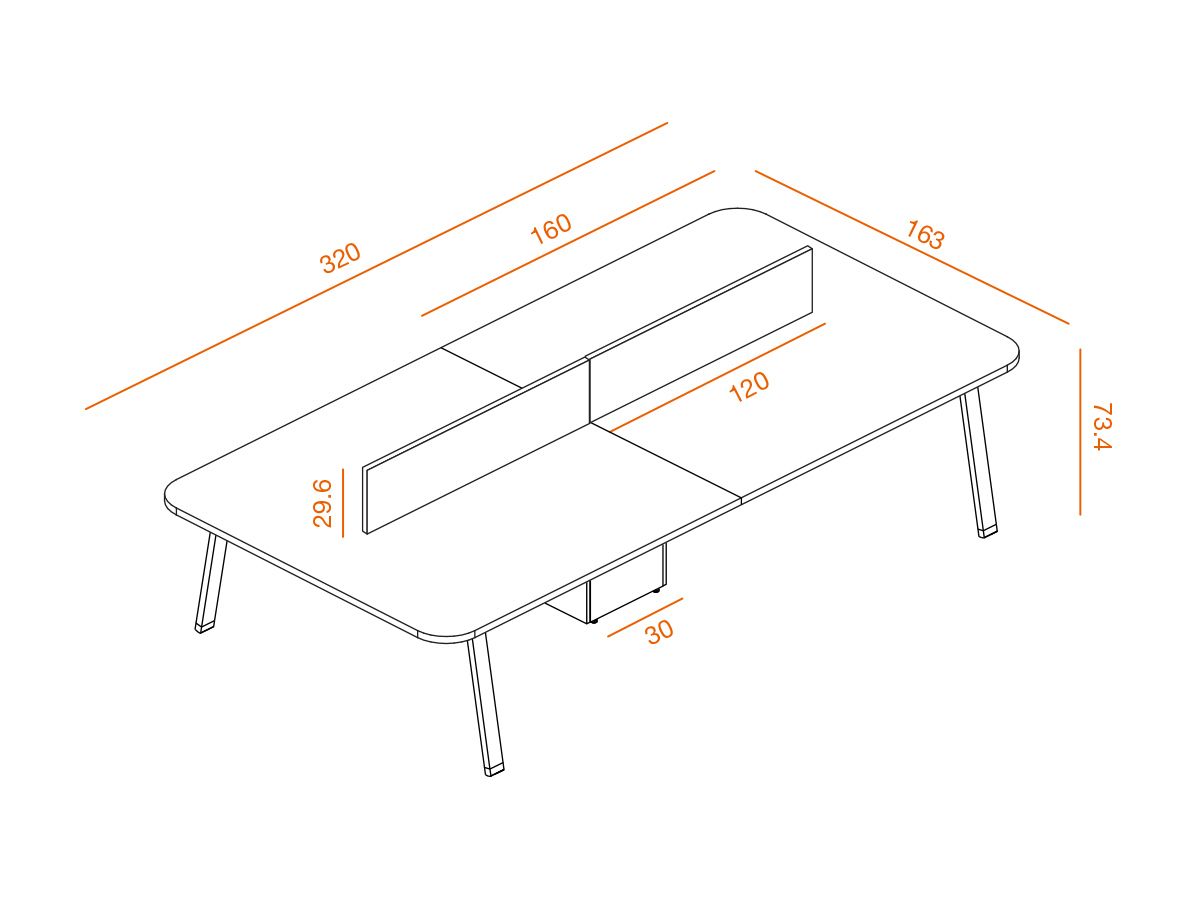 Bureau de coworking KELSO - séparation frontale, plateaux arrondis et base passe-câbles_2