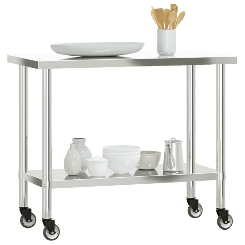 Vidaxl table de travail de cuisine avec roues 110x55x85 cm inox 376464_2