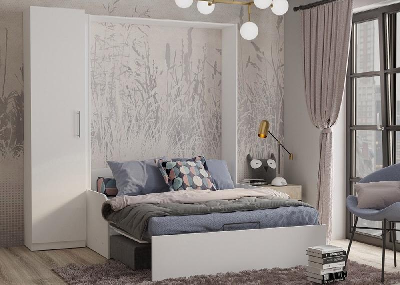 Composition lit escamotable blanc mat Dynamo Sofa - Canapé accoudoirs blanc mat et gris avec colonne de rangement 140x200_2