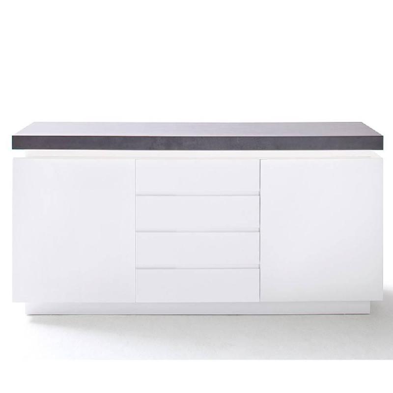 Buffet Atlantic City - Laqué blanc mat et décor béton - 2 portes - 4 tiroirs - LED blanc inclus_2
