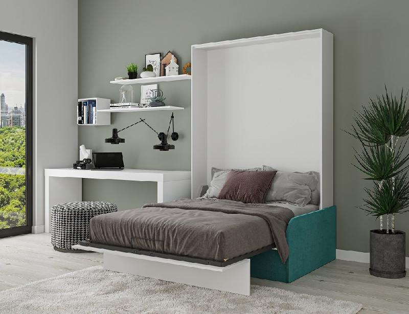Armoire lit escamotable Bermudes Sofa - Blanc bandeau canapé bleu - 160x200 cm avec canapé intégré_2