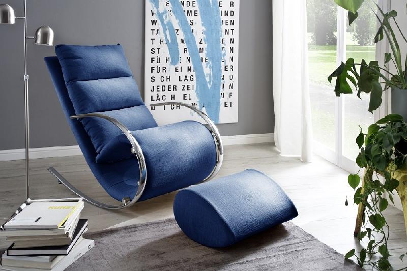 Fauteuil relax Yanis - tissu bleu avec pouf indépendant - structure métal chromé_2