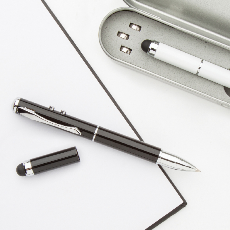 Pointeur laser multifonctionnel - Stylo bille encre bleue, stylet, lampe LED et étui en métal_2