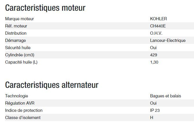 Technic 6500 E AVR - Groupe électrogène Kohler - Puissance max 6,30 kW - Fréquence 50 Hz - Tension nominale 230 V_2