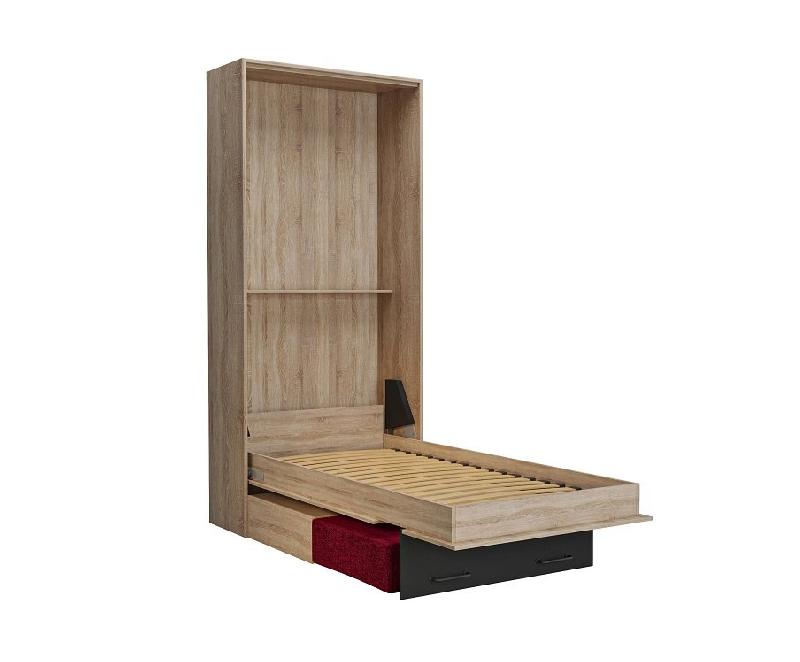 Lit escamotable style industriel KEY SOFA - Chêne naturel - Canapé rouge avec tiroirs - Couchage 90x200 cm_2