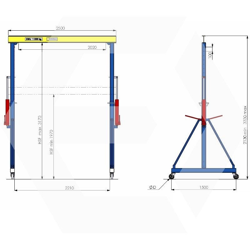 Portique de levage 36-1T25-S1 - Erimac - 220kg - Hauteur réglable et déplaçable sur roues pivotantes_2