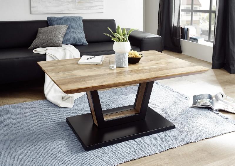 Table basse design Beford en chêne acacia - plateau laqué naturel - piétement métal noir mat avec roulettes_2