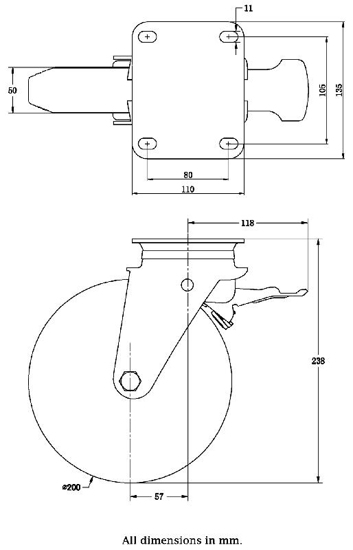 4 - Roues en caoutchouc de 200 mm Roulettes pour poubelles - pivotantes et pivotantes freinées 1100 litres_2