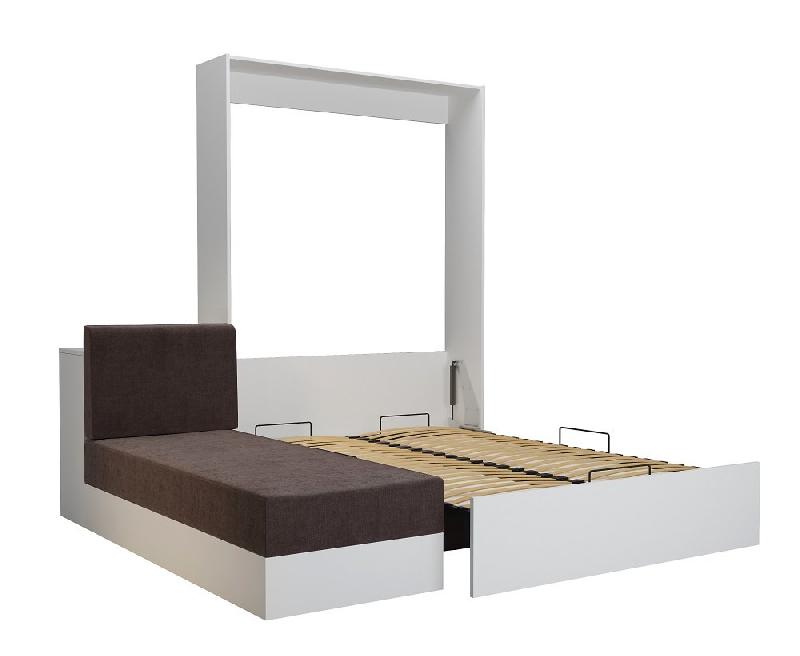 Lit escamotable Dynamo Sofa - Canapé angle méridienne réversible blanc mat tissu marron 140x200 cm avec coffre de rangement_2