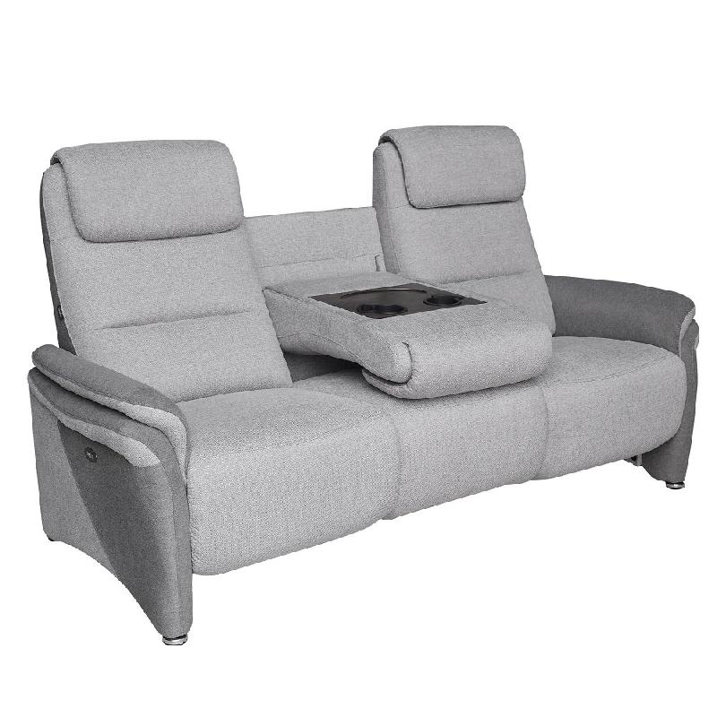 Canapé relax 3 places électrique ZILIA - tissu gris clair et gris foncé - têtières ajustables et tablette centrale_2