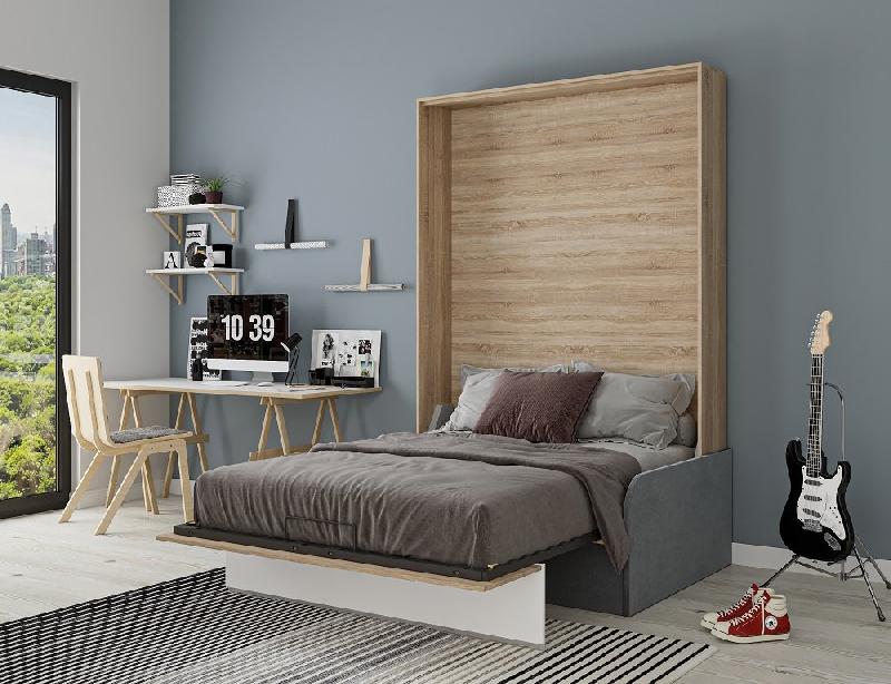 Armoire lit escamotable Bermudes Sofa - Chêne bandeau blanc, canapé gris 160x200 cm avec coffre et finition européenne_2