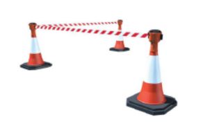 Dérouleur de sangle en polyester rouge et blanc - Longueurs 3m et 9m - Compatible cônes diamètre max 8cm_2