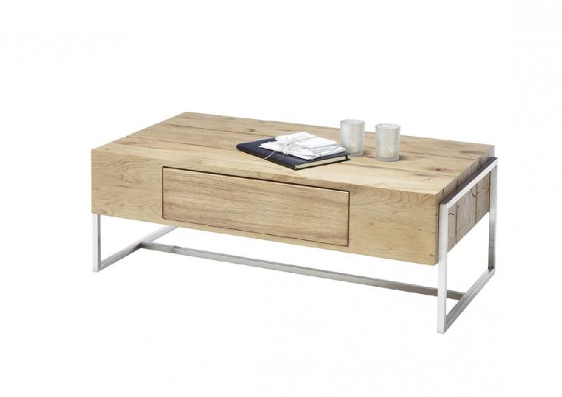 Table basse DARIO 110 x 60 cm - Chêne finition huilée avec 1 tiroir et piétement acier brossé_2