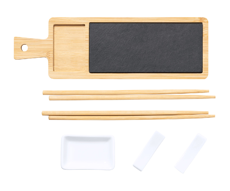 Service à sushi en bambou - 6 pièces avec planche en ardoise et accessoires en céramique_2