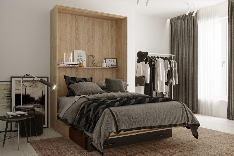 Lit escamotable style industriel KEY SOFA - chêne, bandeau noir, canapé marron, couchage 140x200 cm avec rangement_2