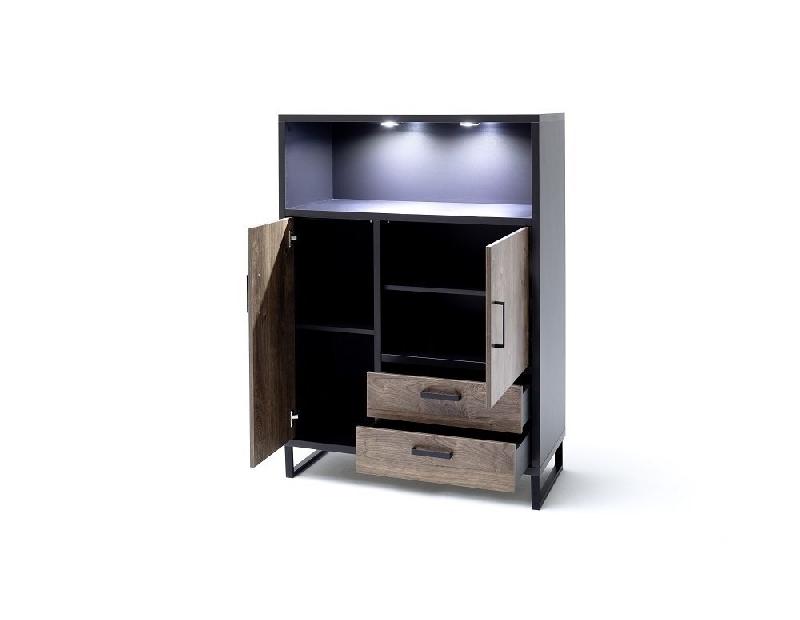 Buffet haut HALTON - 2 tiroirs, 2 portes et 1 niche décorative avec éclairage LED - Décor chêne gris cosmos, style industriel_2