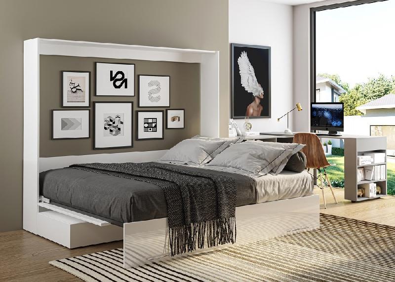 Armoire-lit escamotable VERTIGO SOFA - Façade blanc brillant - Canapé gris - Couchage 160x200 cm_2