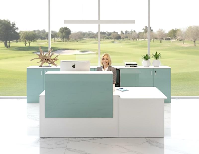 Bureau d'accueil Pano avec partie PMR - Ofitres - Blanc, 260, Aigue Marine brillant_0