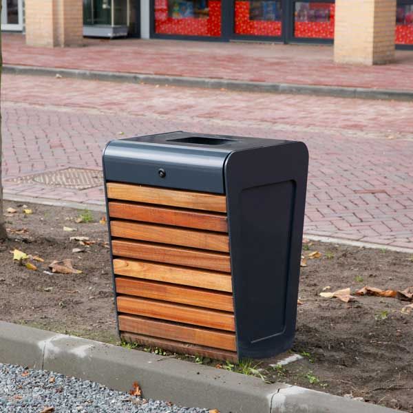 Poubelle FalcoLinea - Poubelle publique avec serrure clé triangle - Design bois et acier noir_2