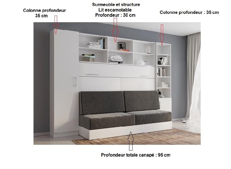 Composition lit escamotable Vertigo Sofa Blanc - Canapé Gris - Couchage 140x200 cm - Largeur 311 cm_2