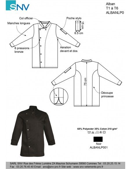 Albanlp001 - Veste de cuisine SNV - manches longues, pressions bronze, aération sous les bras, poly/coton 210 grs_2