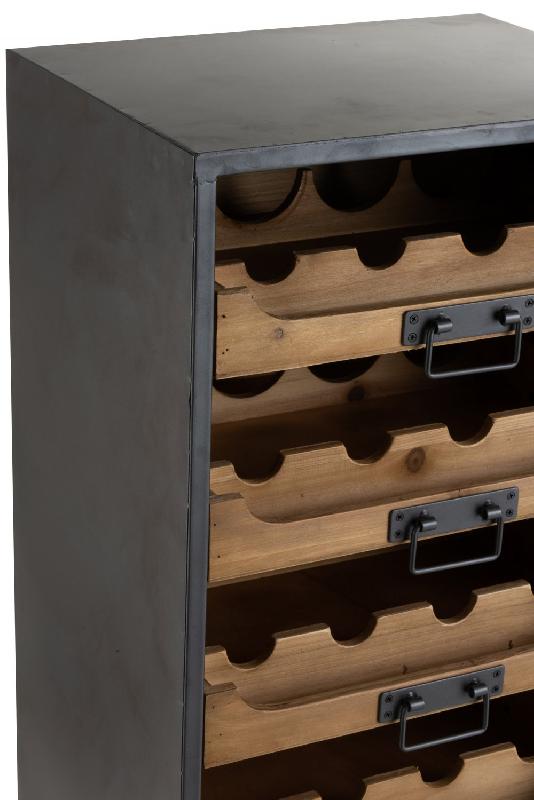 ARMOIRE À ROULETTES 7 TIROIRS BOUTEILLES DE VIN FAKY EN MÉTAL NOIR ET BOIS NATUREL._2